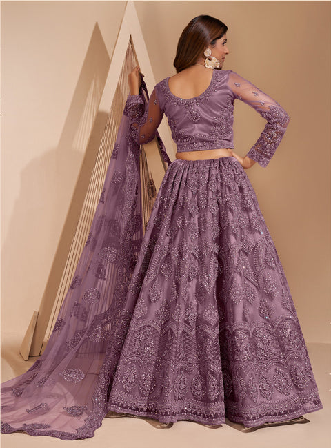 Violet Heavy Embroidered Net Stone Work Lehenga Choli
