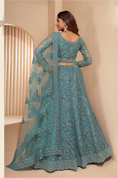 Turquoise Heavy Embroidered Net Stone Work Lehenga Choli