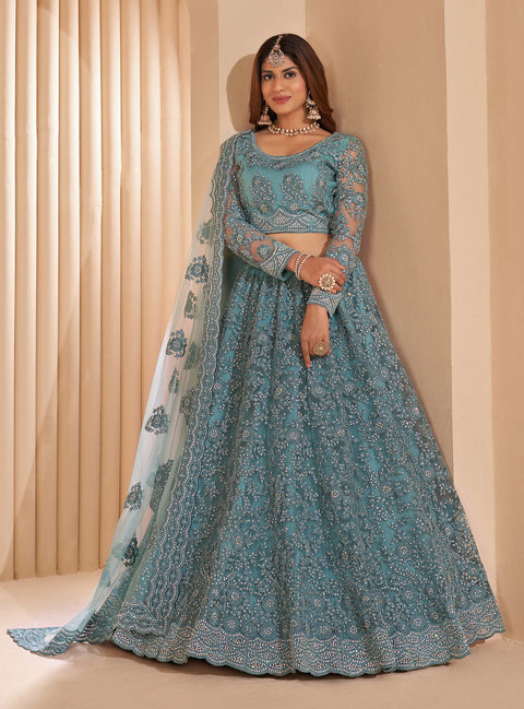 Turquoise Heavy Embroidered Net Stone Work Lehenga Choli