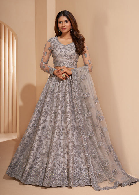 Eye-catching Grey Embellished Stone work Lehenga