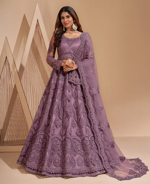 Violet Heavy Embroidered Net Stone Work Lehenga Choli