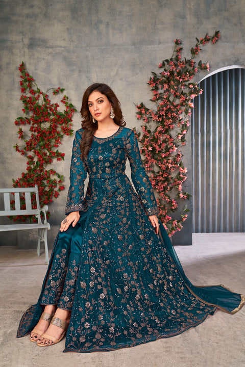 Teal Blue Embroidered Net Indo Western Dress