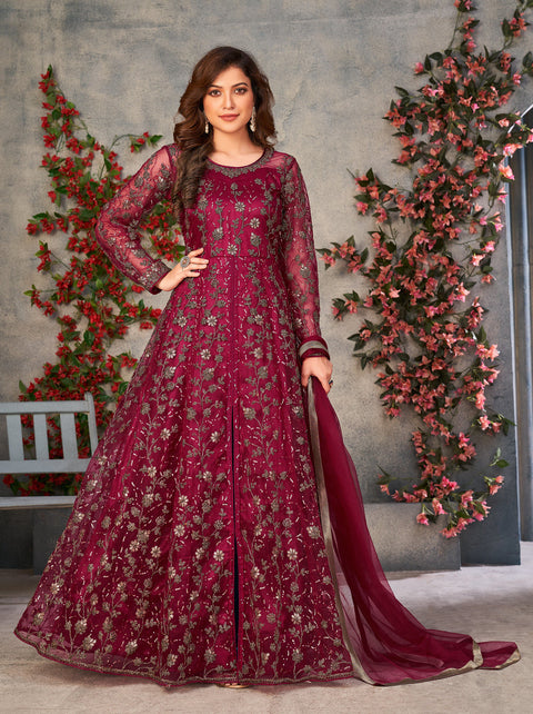 Hot Pink Embroidered Net Indo Western Dress