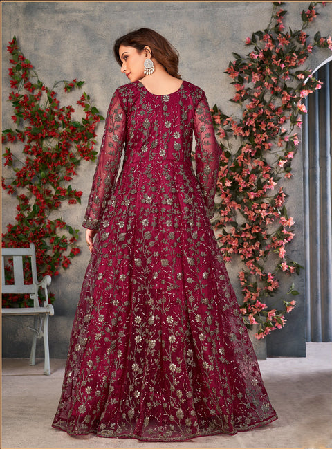 Hot Pink Embroidered Net Indo Western Dress