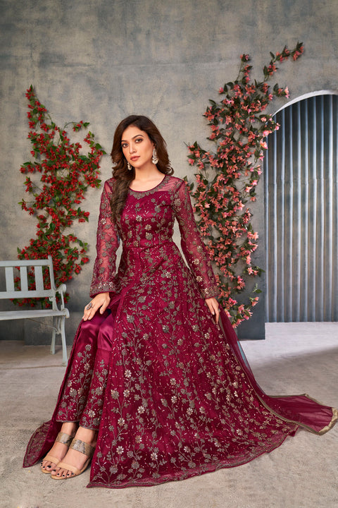 Hot Pink Embroidered Net Indo Western Dress