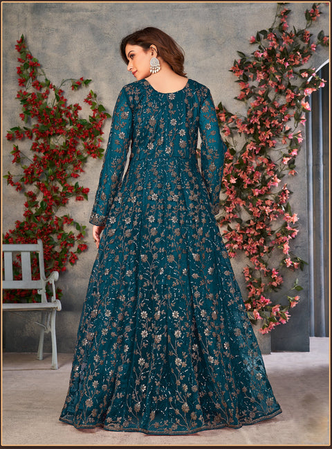 Teal Blue Embroidered Net Indo Western Dress