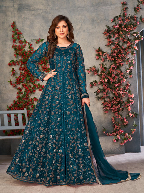 Teal Blue Embroidered Net Indo Western Dress