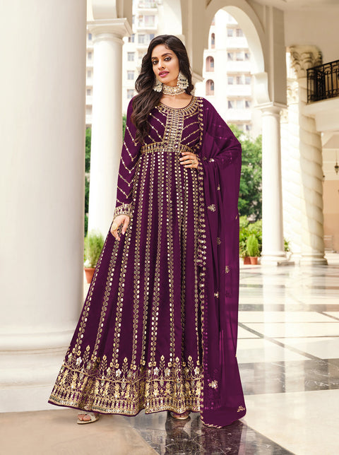 Wine Embroidered Georgette Anarkali Suit