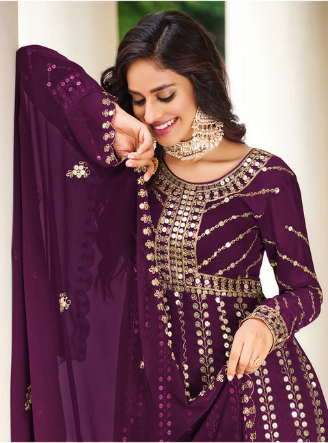Wine Embroidered Georgette Anarkali Suit