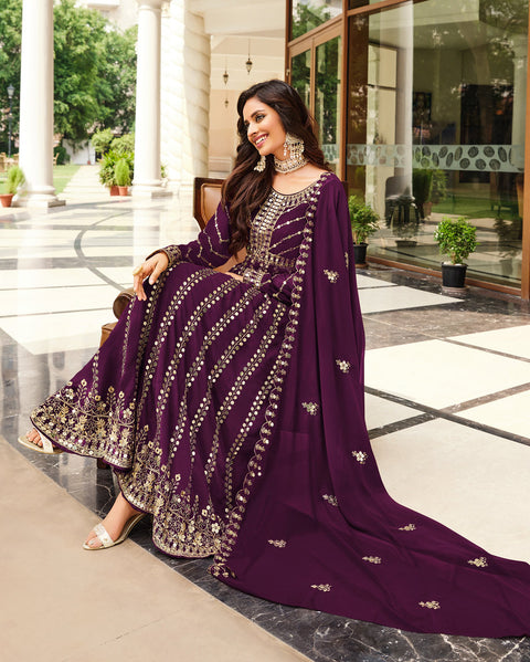 Wine Embroidered Georgette Anarkali Suit
