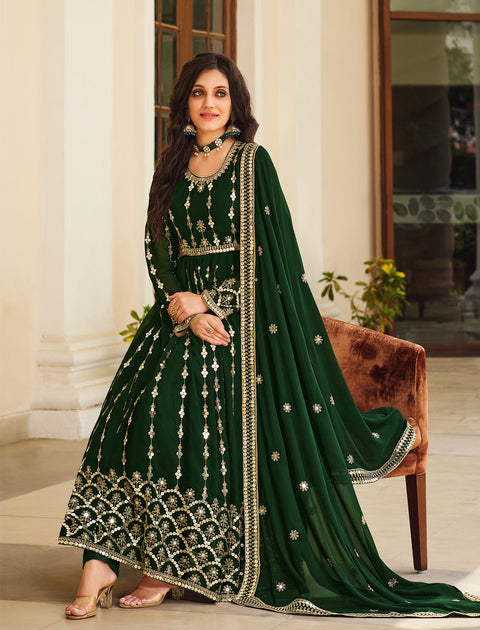 Green Embroidered Georgette Anarkali Suit