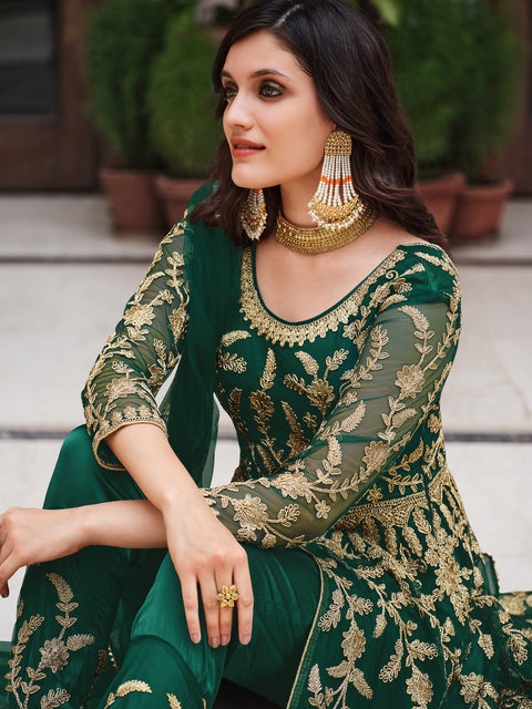 Mesmerizing Green Colored Partywear Embroidered Net indo western style suits