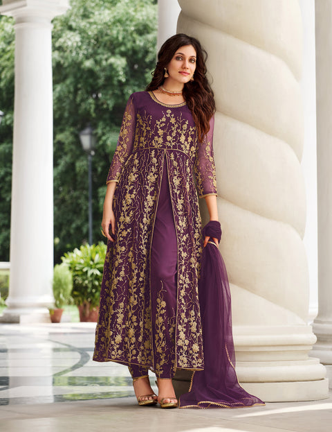 Dark Purple Designer Partywear Embroidered Heavy Net indo western style suits