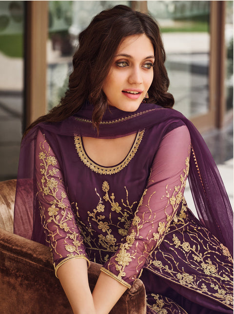 Dark Purple Designer Partywear Embroidered Heavy Net indo western style suits