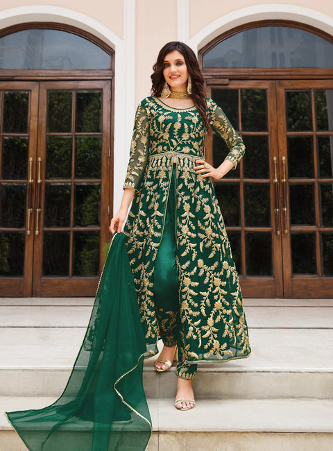 Mesmerizing Green Colored Partywear Embroidered Net indo western style suits