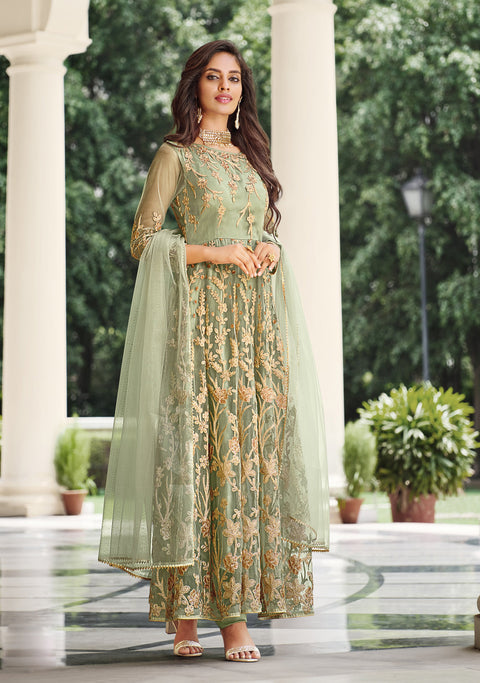 Olive Green Designer Partywear Embroidered Heavy Net indo western Style suits