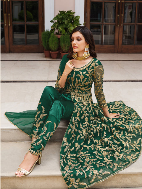 Mesmerizing Green Colored Partywear Embroidered Net indo western style suits