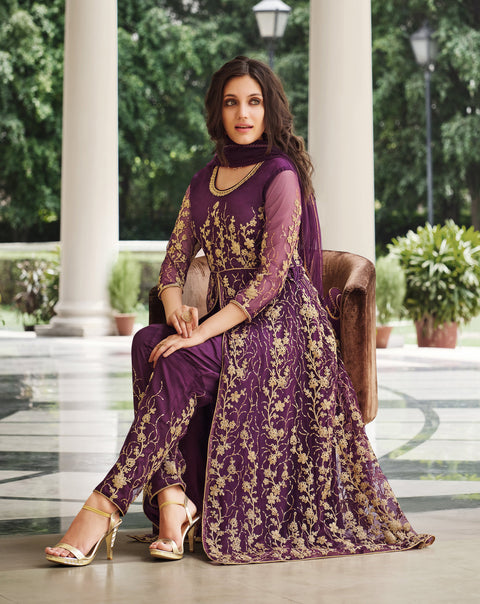 Dark Purple Designer Partywear Embroidered Heavy Net indo western style suits