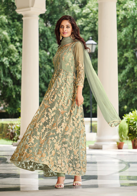Olive Green Designer Partywear Embroidered Heavy Net indo western Style suits