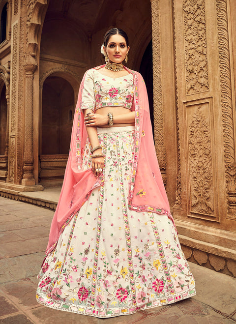 Cream White Lehenga With Zari And Sequins Embroidery