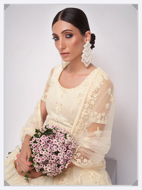 Spectacular Off White  Embellished Net Lehenga Choli