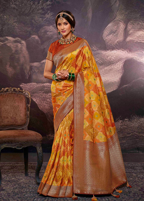 Mustard Yellow Party Wear Rangkart Silk Saree With Tassels