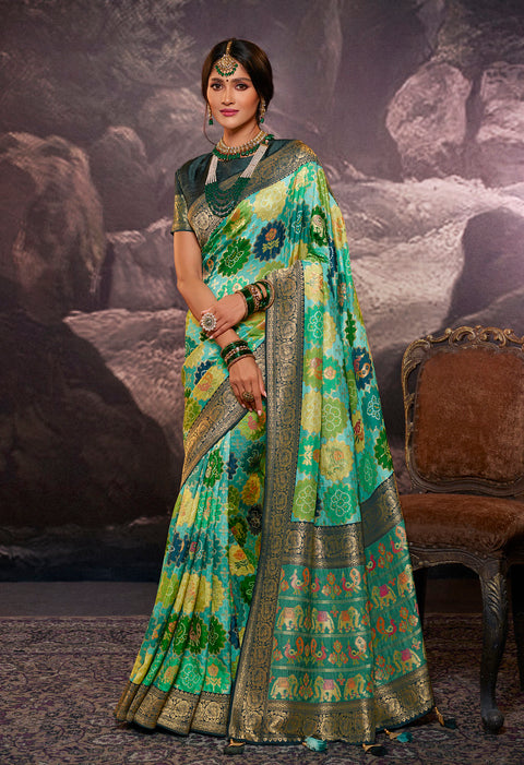 Green Party Wear Rangkart Silk Saree With Tassels