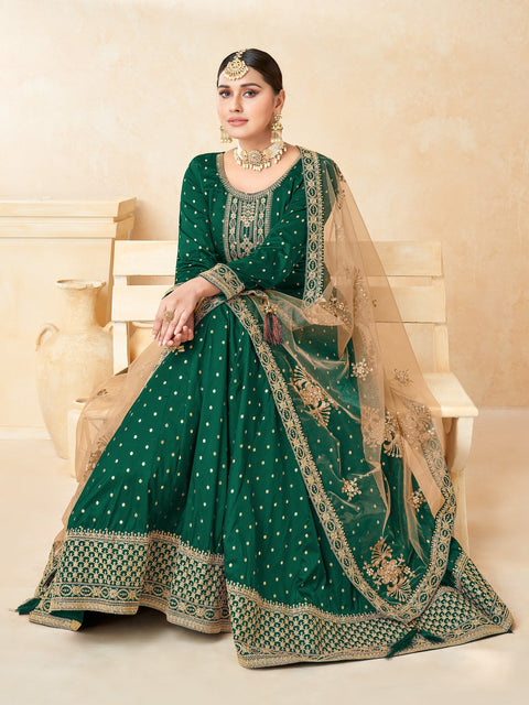 Magnificent Bottle Green Party Wear Embroidered Anarkali Suit