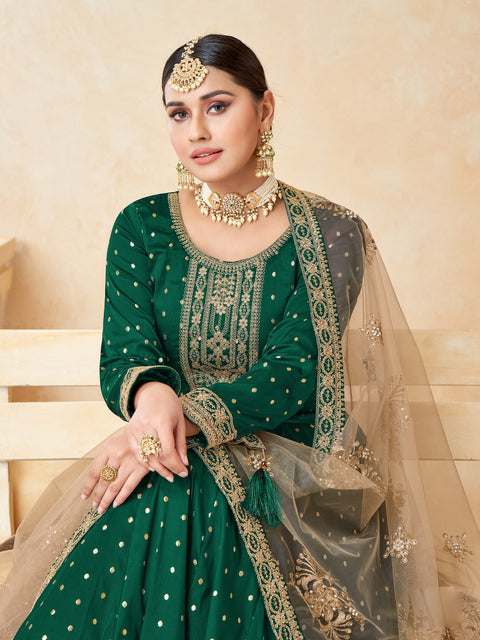 Magnificent Bottle Green Party Wear Embroidered Anarkali Suit