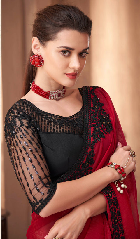 Red Partywear Embroidered Soft Silk Saree