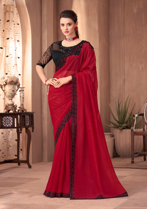 Red Partywear Embroidered Soft Silk Saree