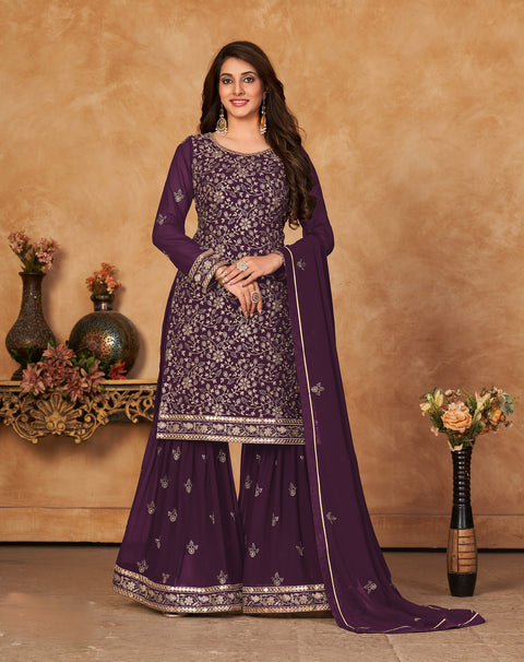 Purple  Embroidered Georgette Sharara Suit