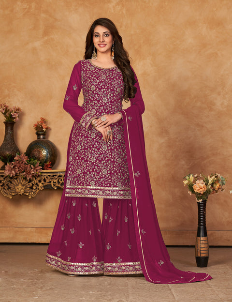 Magenta Embroidered Georgette Sharara Suit