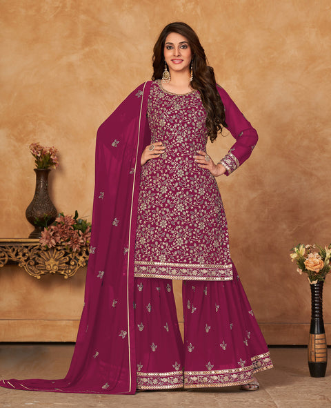 Magenta Embroidered Georgette Sharara Suit