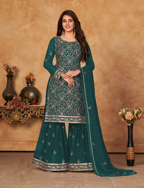 Green Embroidered Georgette Sharara Suit