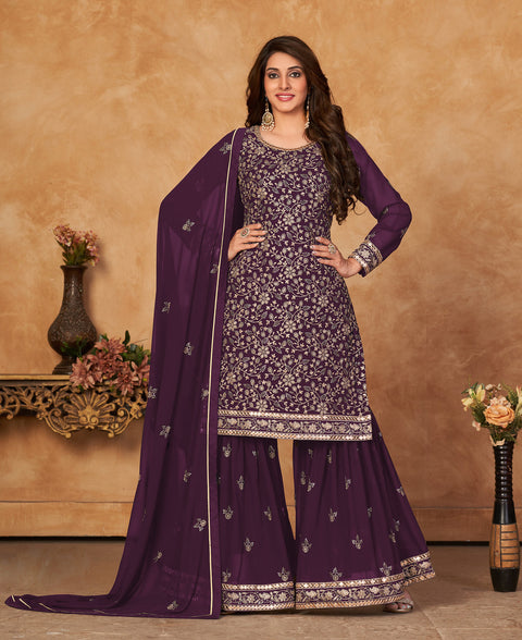 Purple  Embroidered Georgette Sharara Suit
