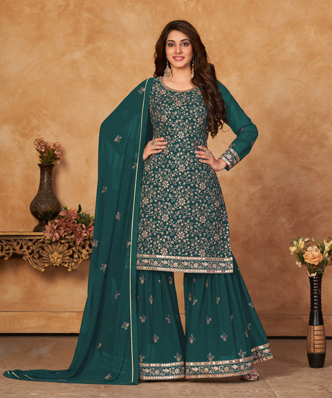 Green Embroidered Georgette Sharara Suit