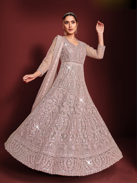 Mauve Partywear Floral Embroidered Butterfly Net Anarkali Suit