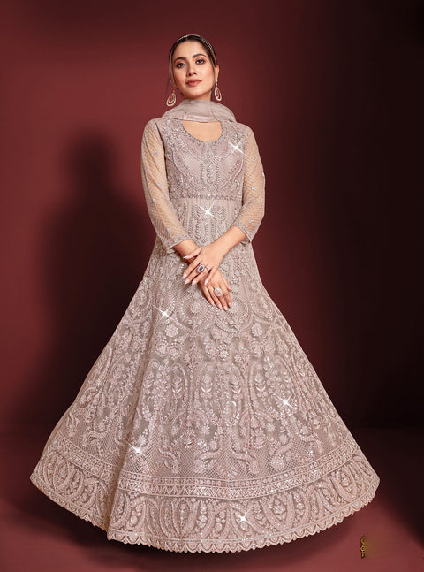 Mauve Partywear Floral Embroidered Butterfly Net Anarkali Suit