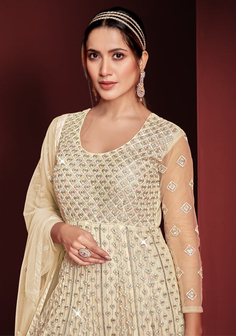 Imposing Baige Colored Partywear Embroidered Netted Anarkali Suit