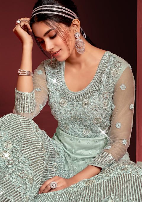 Pastel Blue Designer Partywear Embroidered Heavy Net Anarakali Suit
