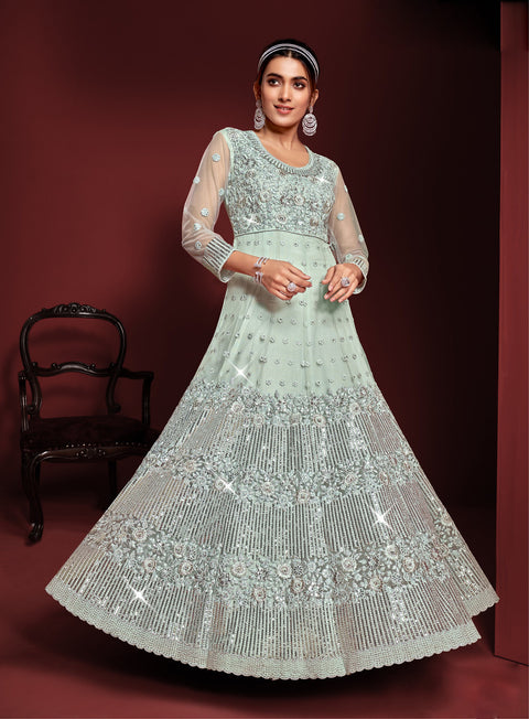Pastel Blue Designer Partywear Embroidered Heavy Net Anarakali Suit