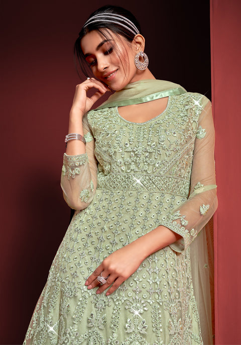 Pista Green Partywear  Embroidered Net Anarkali Suit