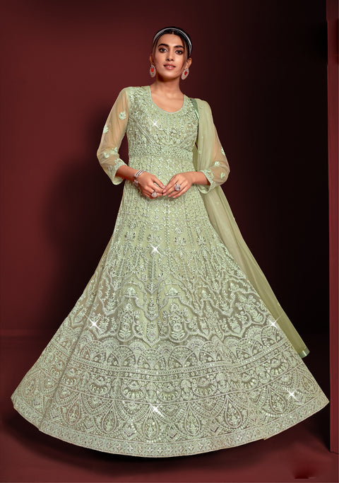 Pista Green Partywear  Embroidered Net Anarkali Suit