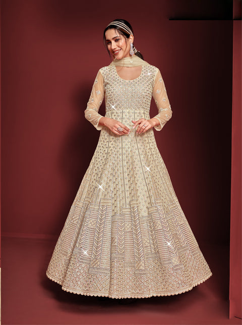Imposing Baige Colored Partywear Embroidered Netted Anarkali Suit
