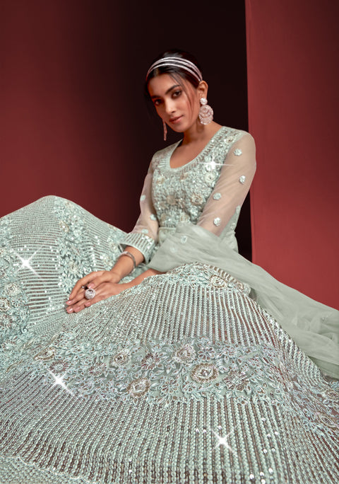 Pastel Blue Designer Partywear Embroidered Heavy Net Anarakali Suit