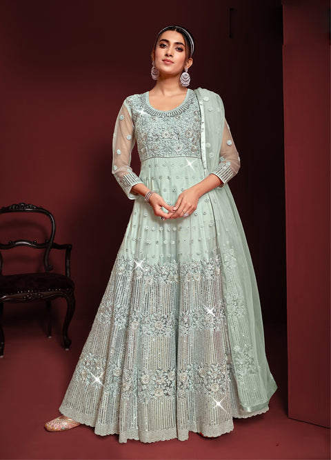 Pastel Blue Designer Partywear Embroidered Heavy Net Anarakali Suit