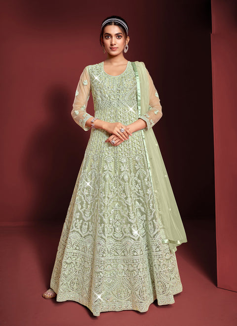 Pista Green Partywear  Embroidered Net Anarkali Suit