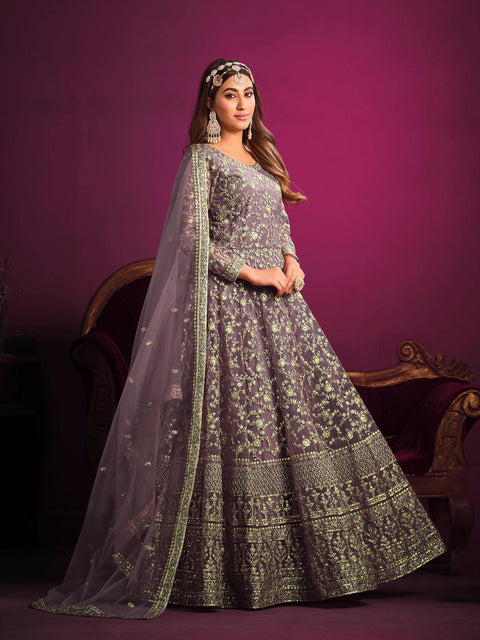 Purple Embroidered Net Anarkali Suit In Sequins And Zari Work