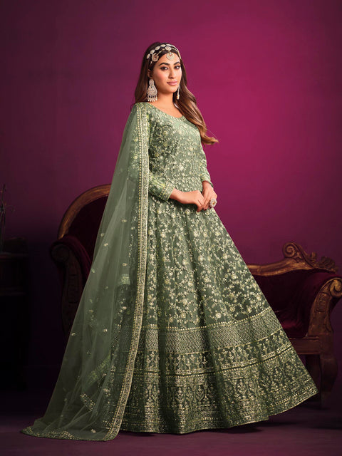 Green Anarkali Suit  With Sequins Embroidered Intricate Mughal Motifs